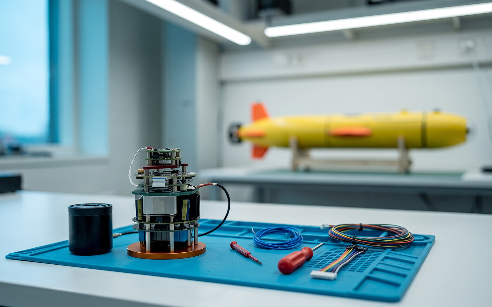 A Subnero OEM modem open on a lab bench with its transducer beside it, with an autonomous underwater vehicle in the background