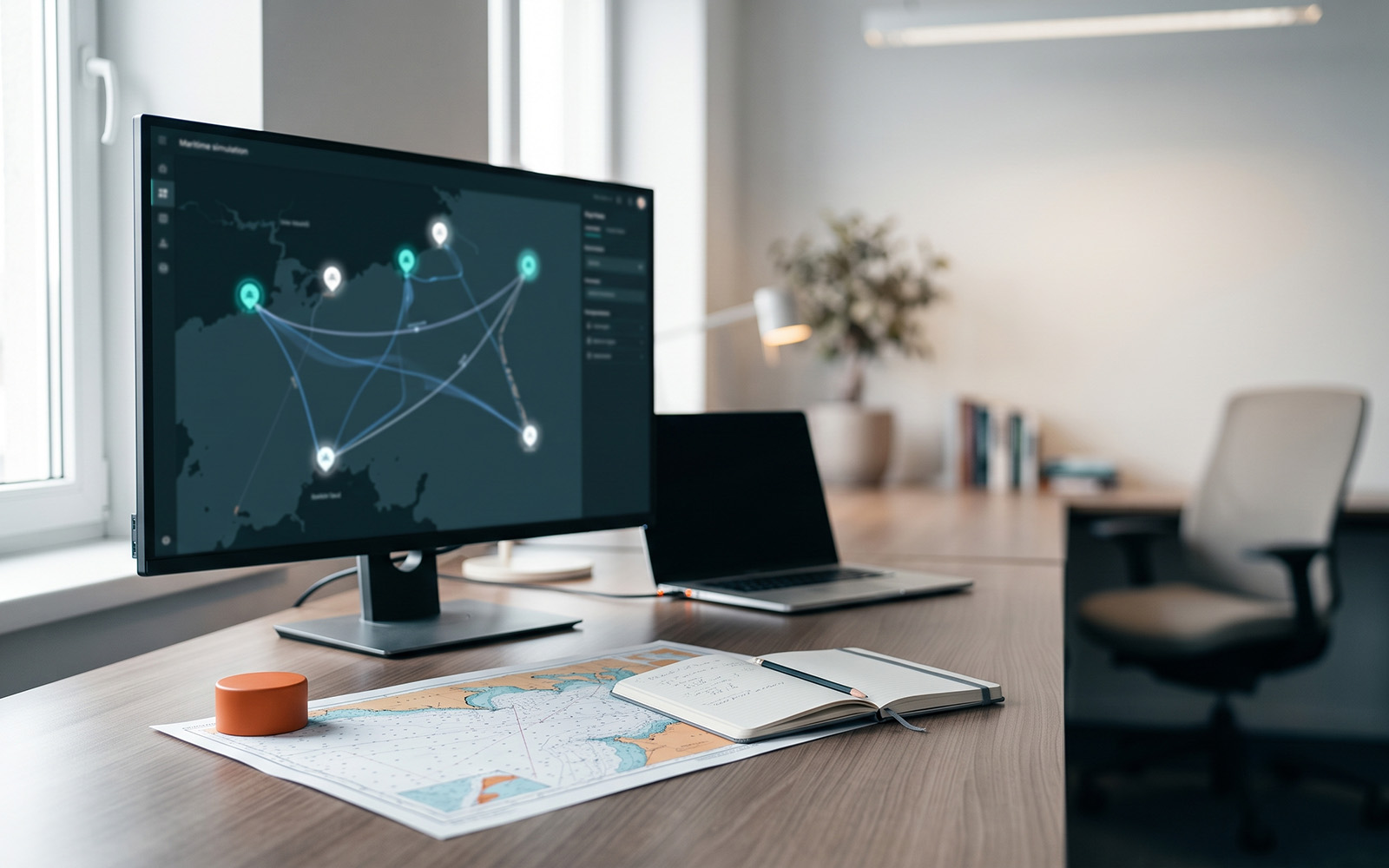 A deployment planning desk with a monitor showing a network simulation map view alongside a bathymetric chart and notebook