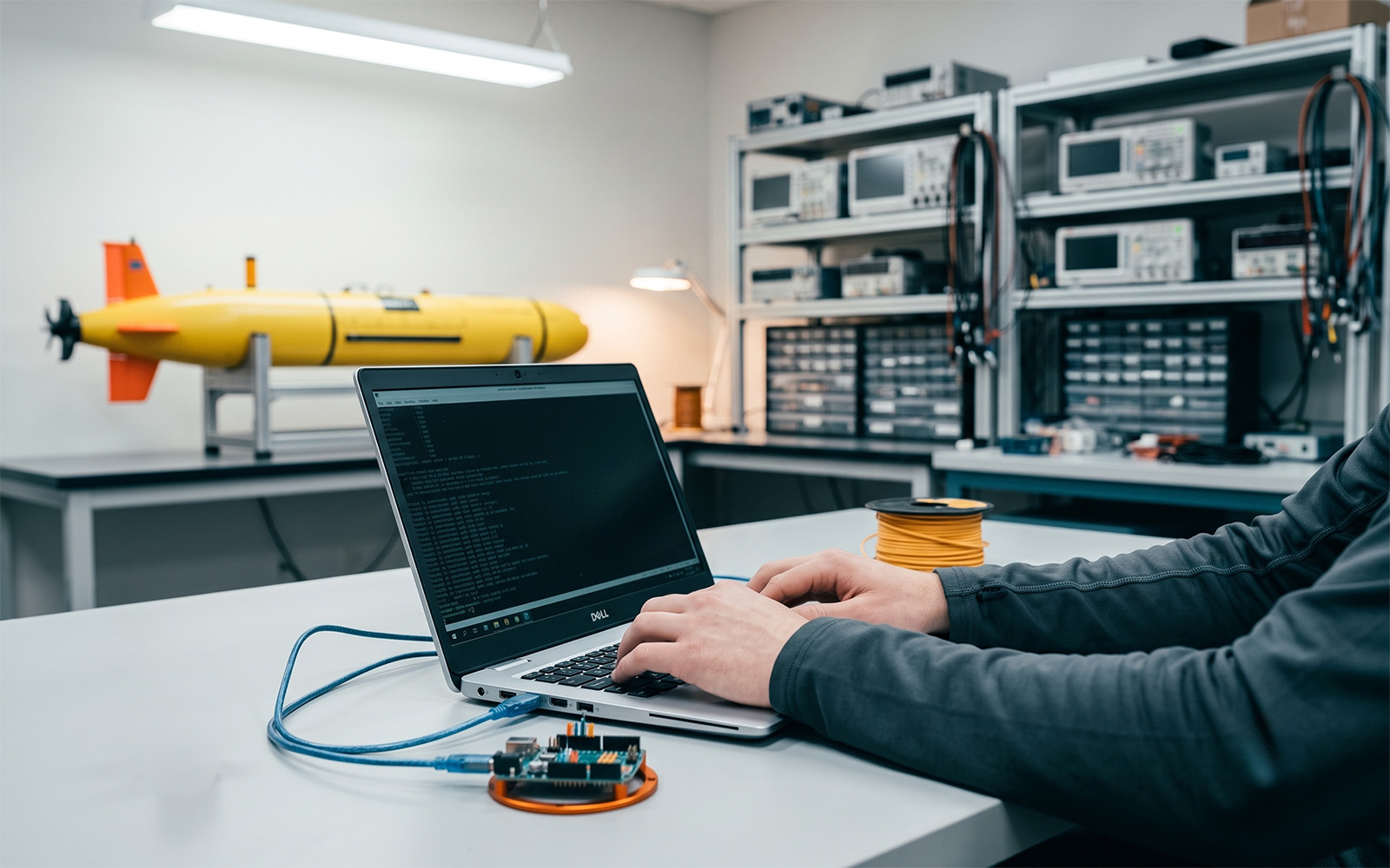 An engineer working at a laptop terminal on a lab bench, with an autonomous underwater vehicle in the background