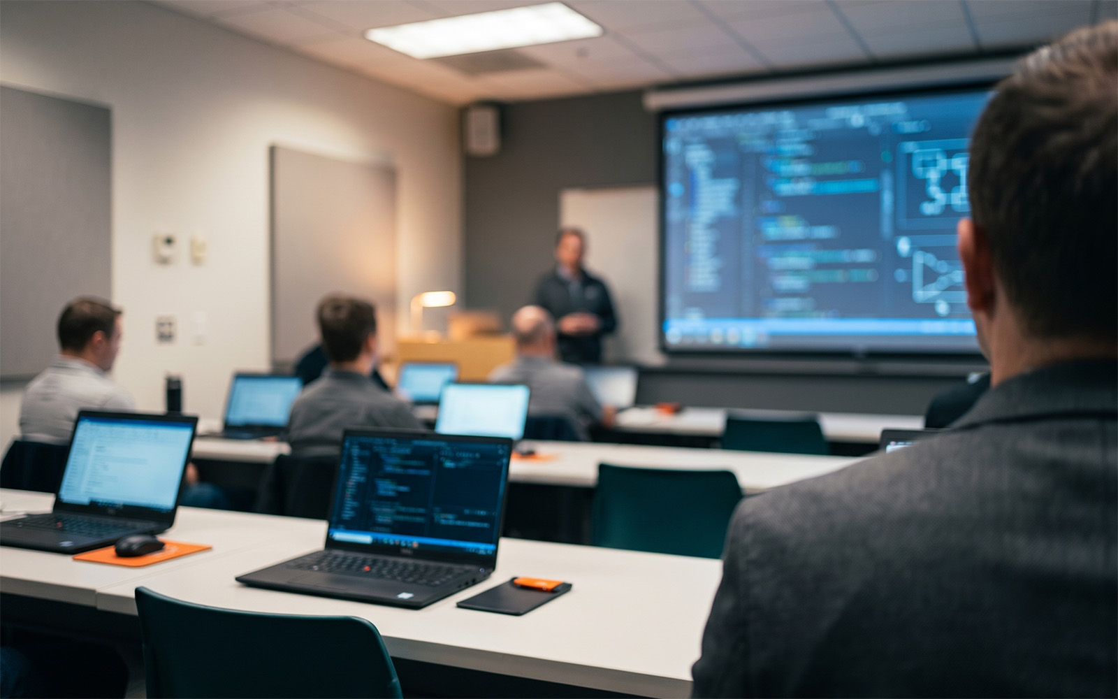 A hands-on training session seen from the back of the room, with a presenter beside a projected technical interface
