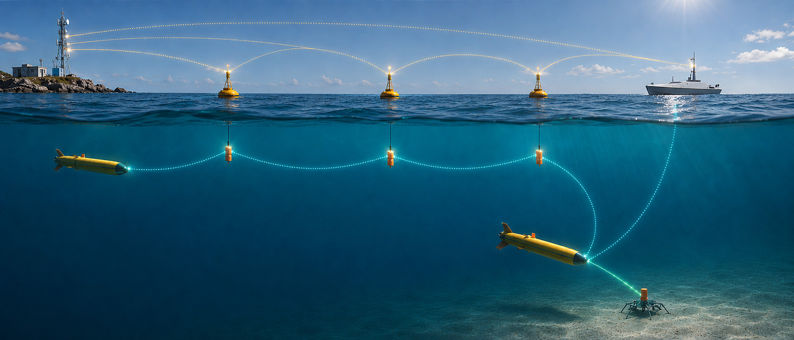 A marine robotics network with AUVs on acoustic links, gateway buoys with hanging modems, a USV, an optical link to a seabed docking station, and radio backhaul to a shore station, all operating as one network