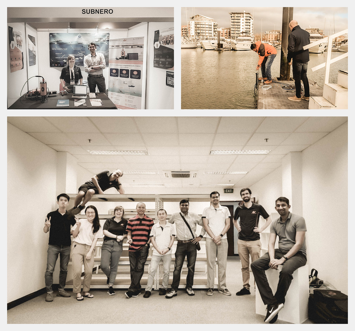 The Subnero team at a trade show, on a field deployment, and together at the office