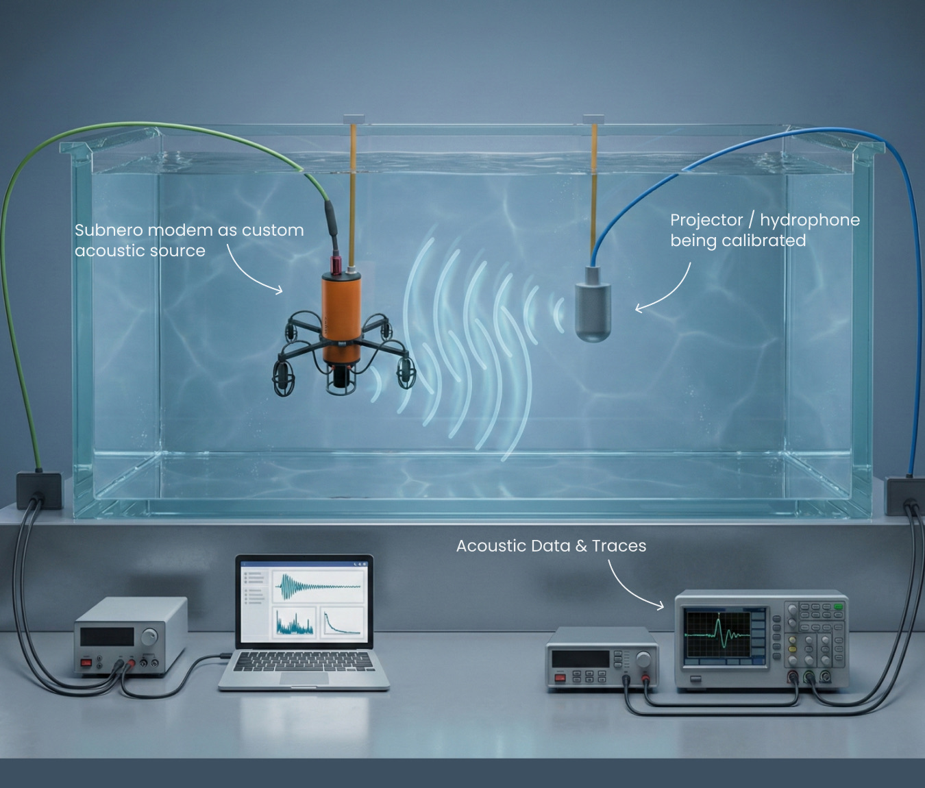 Lab setup using a Subnero acoustic modem as a calibrated acoustic source to characterize a hydrophone transducer in a test tank