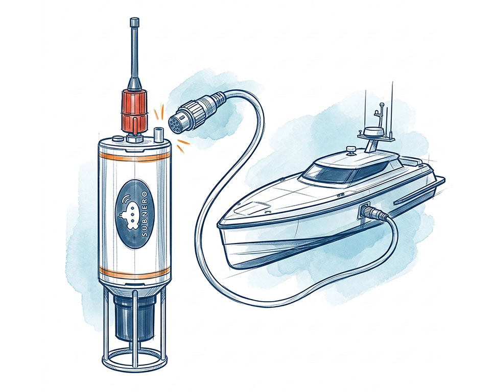 Illustration of a Subnero acoustic modem connecting to a USV for plug-and-play integration with SWIS-integrated landers