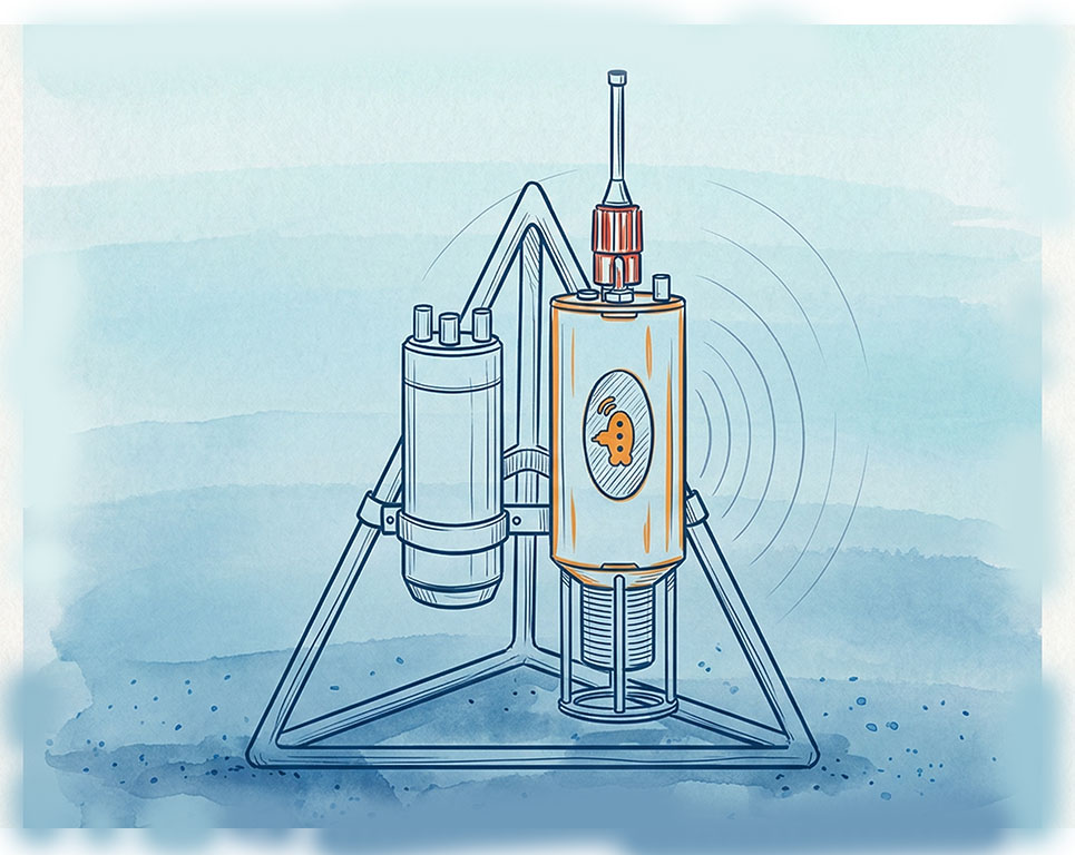 Illustration of a seafloor lander with a Subnero modem and sensors autonomously logging data while on standby