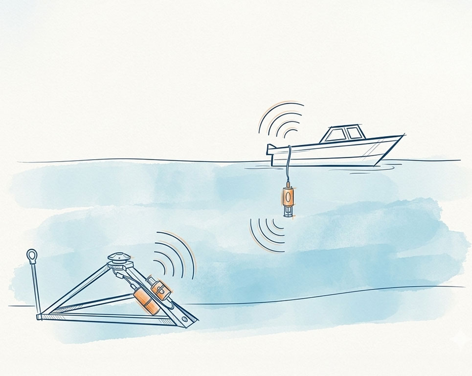 Illustration of a USV sending an acoustic wake-up signal to activate a seafloor lander on approach