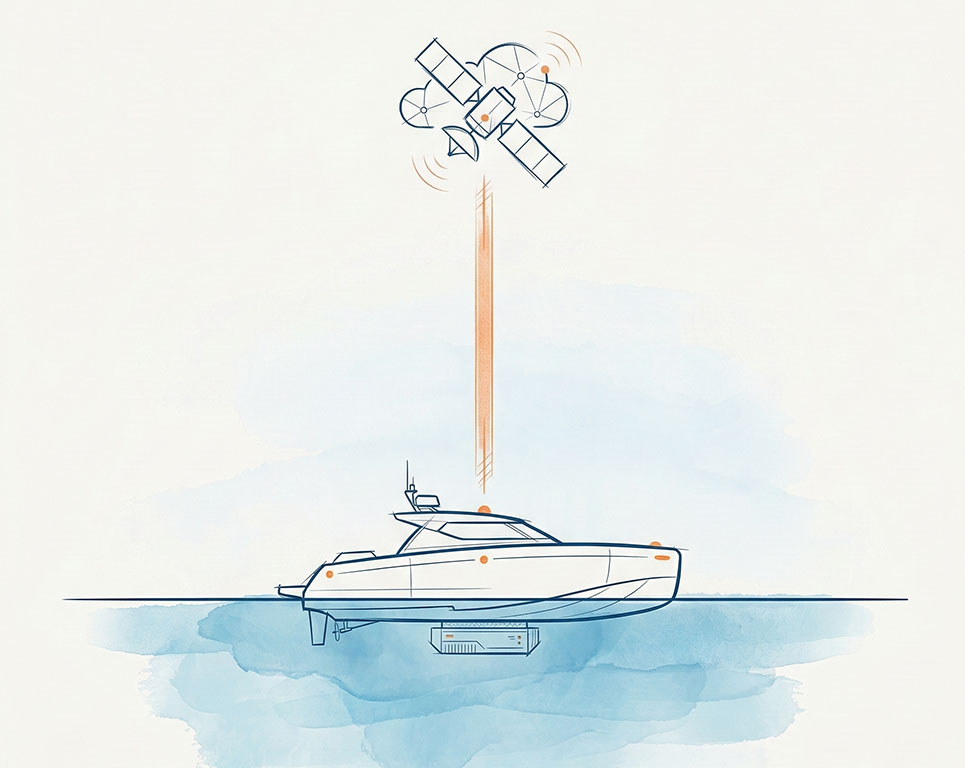 Illustration of a USV relaying harvested subsea data to the cloud via satellite link