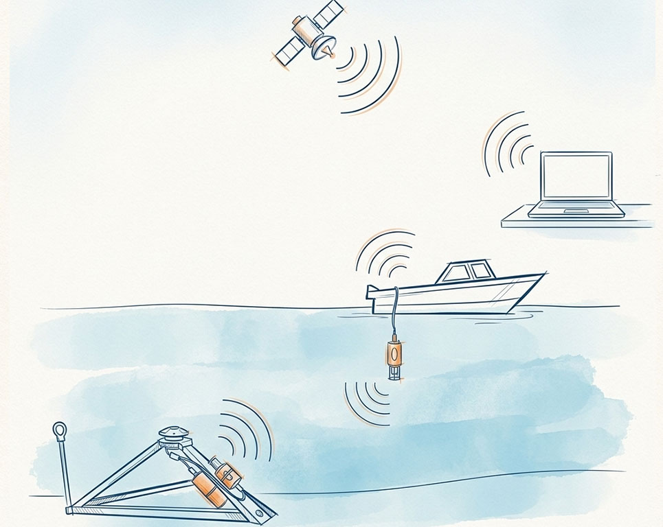 Illustration of a Subnero acoustic modem establishing a high-speed link with a seafloor lander to harvest data