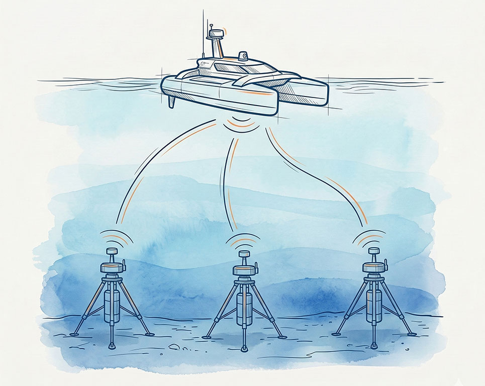 Illustration of a USV harvesting data from multiple seafloor landers across an underwater network in a single mission
