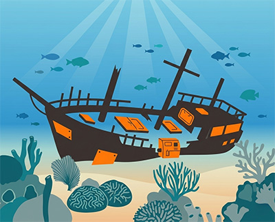 Illustration of an underwater shipwreck site monitored for chemistry and structural stability