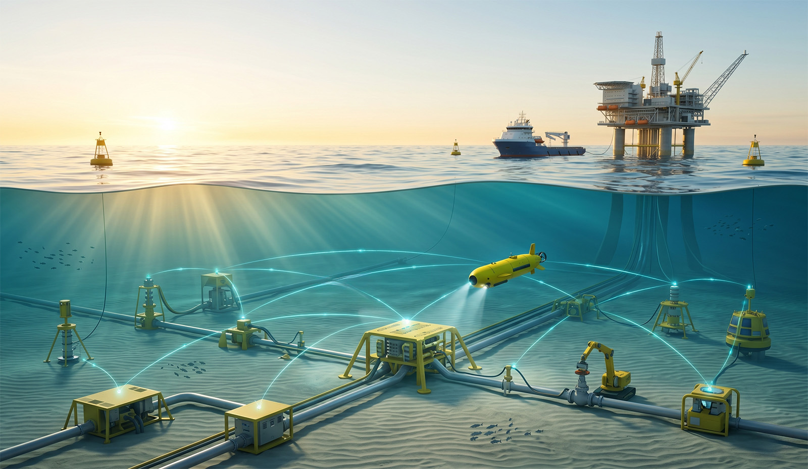 Inspection, repair, and maintenance of subsea assets by AUVs and hybrid vehicles over an underwater network