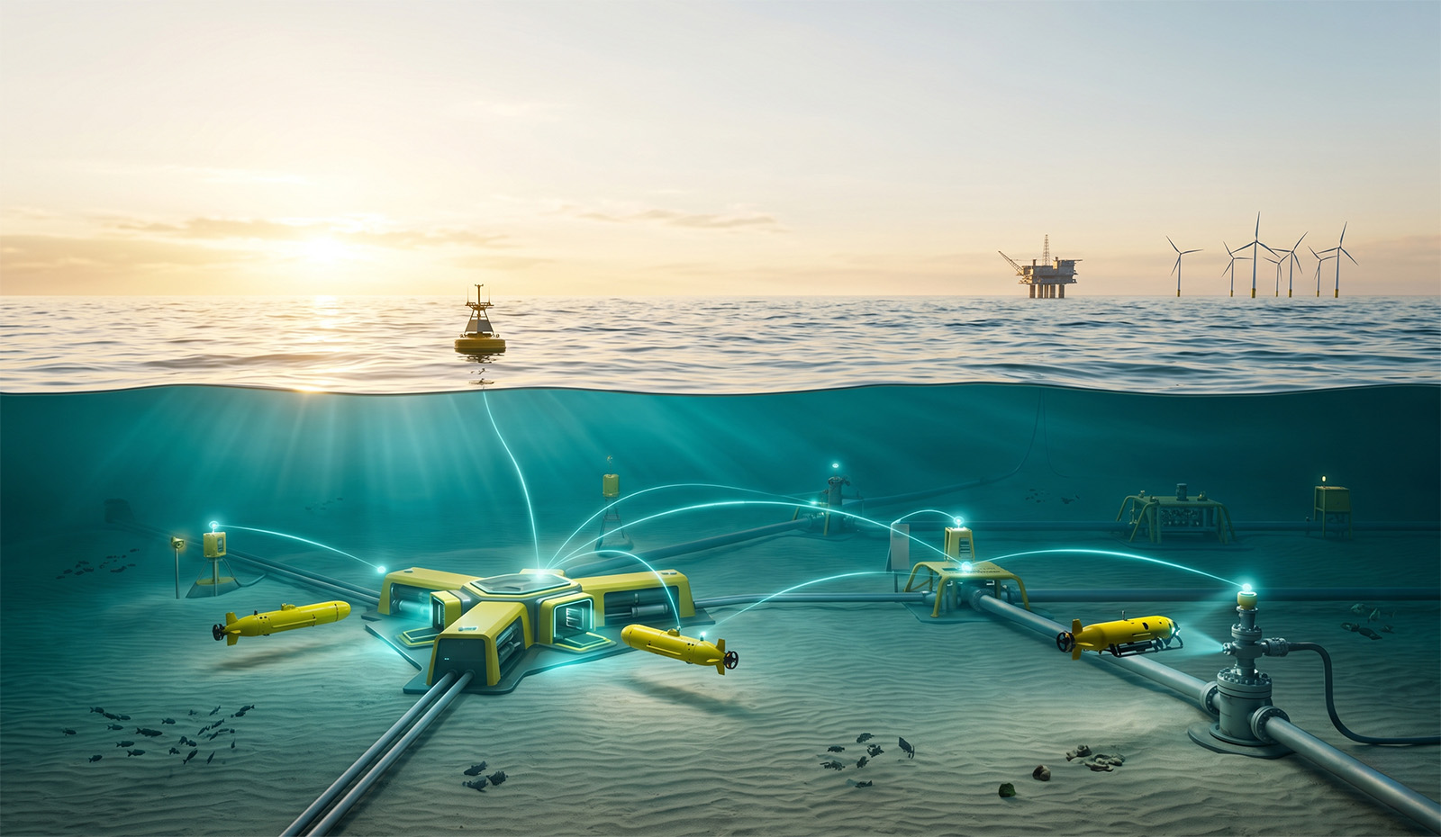 Resident ROV and AUV operations supported by an underwater communication and navigation network