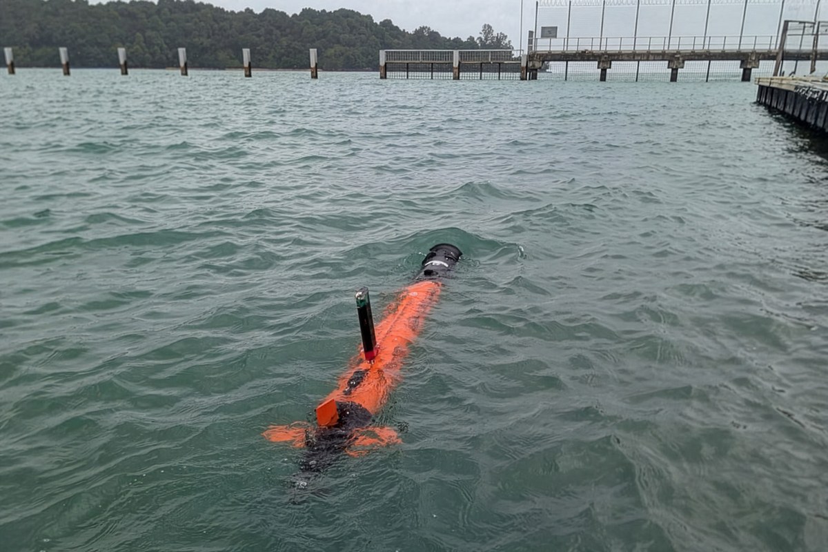 The LAUV on the surface in Singapore waters, alongside the pier at ARL.