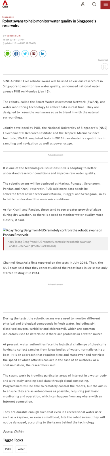 Channel NewsAsia report on Robot Swans monitoring water quality
