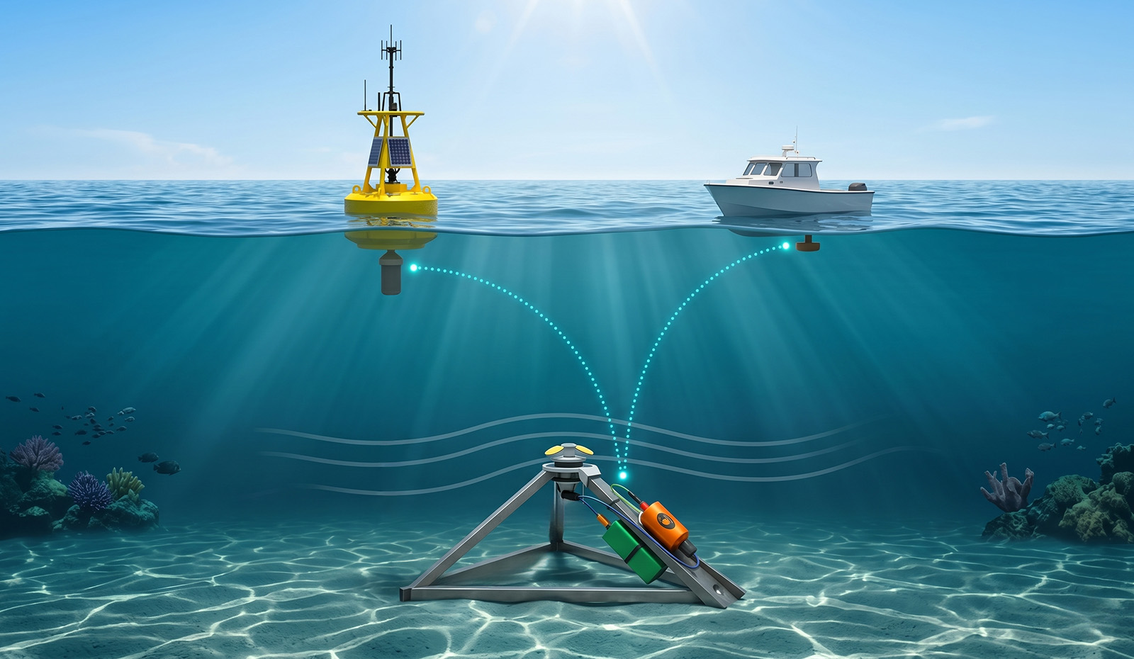 Physical oceanography data collection of currents, waves, and tides relayed over an underwater network
