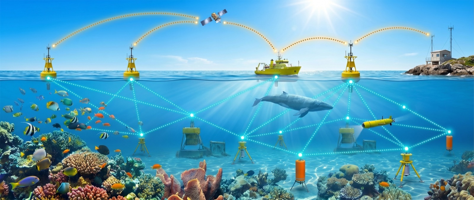 Underwater research network of landers and sensor nodes among marine life, connected to the surface and shore by a software defined acoustic network