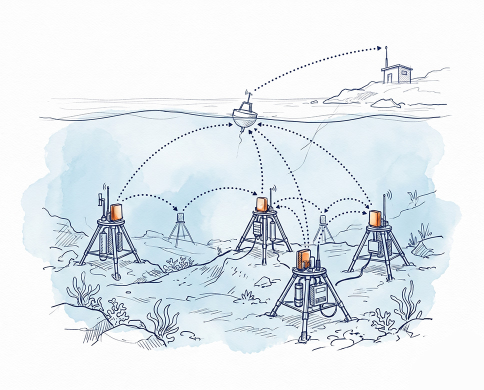 Diver communication and tracking network with relay nodes extending range to a supervisor